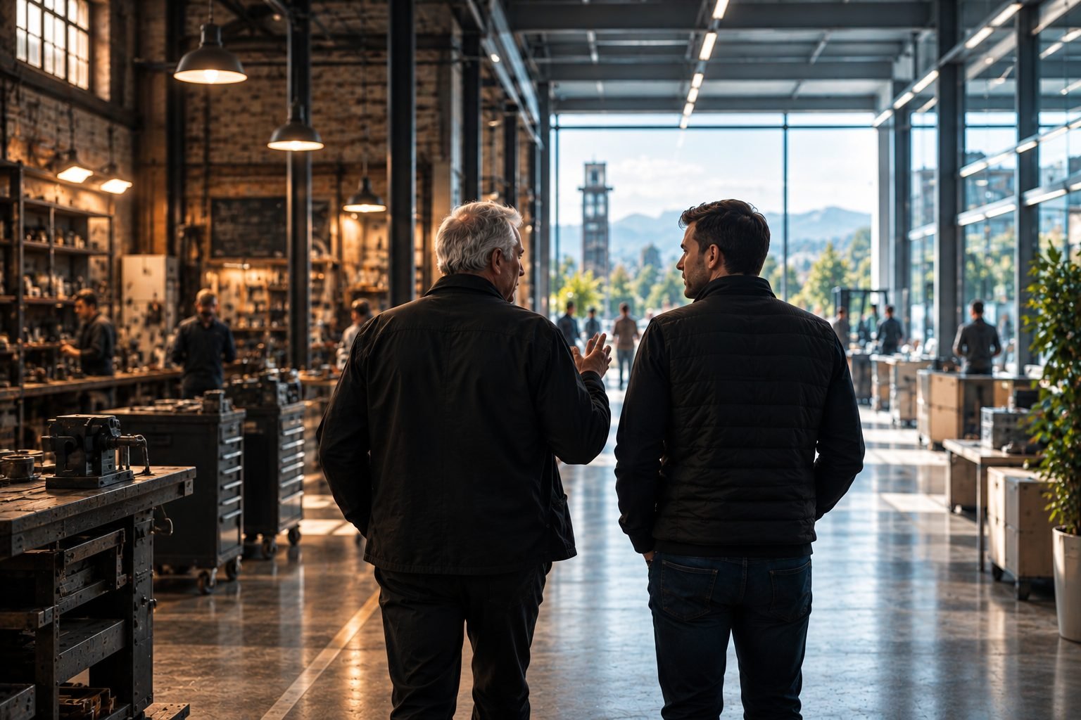 Two generations walking side by side through the same working business, in conversation, surrounded by the people, equipment and history they both care about.