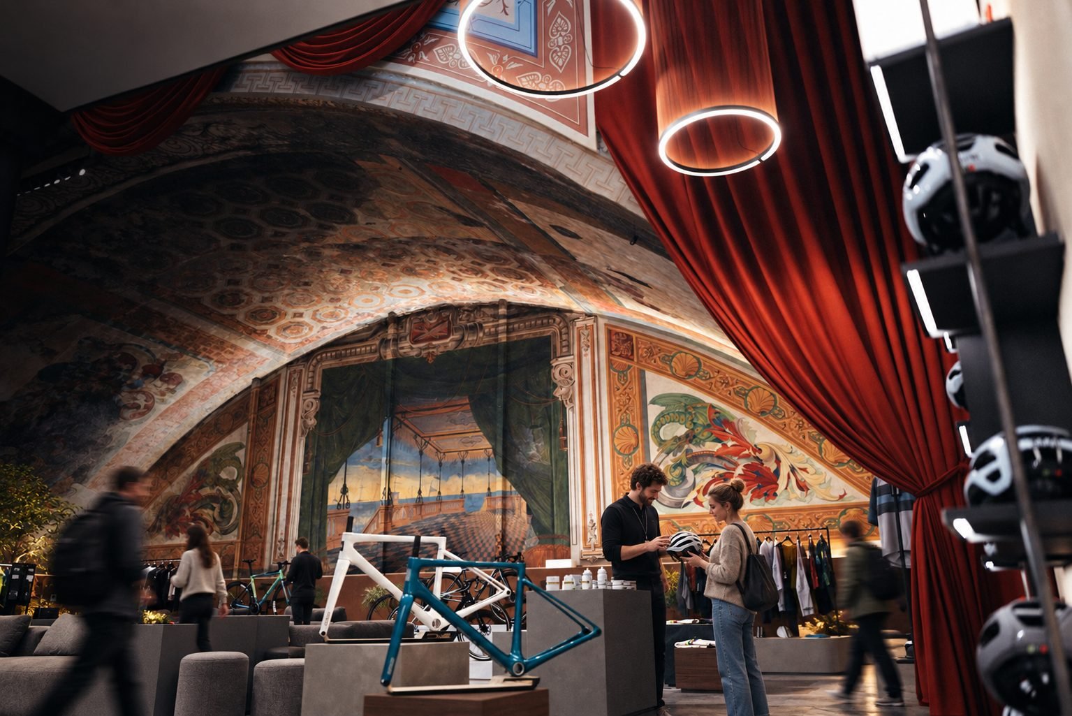 A premium bicycle retailer inside an extraordinary historic theatre — original architecture, painted vaulted ceiling and deep curtains create drama, while customers and staff bring the store to life.