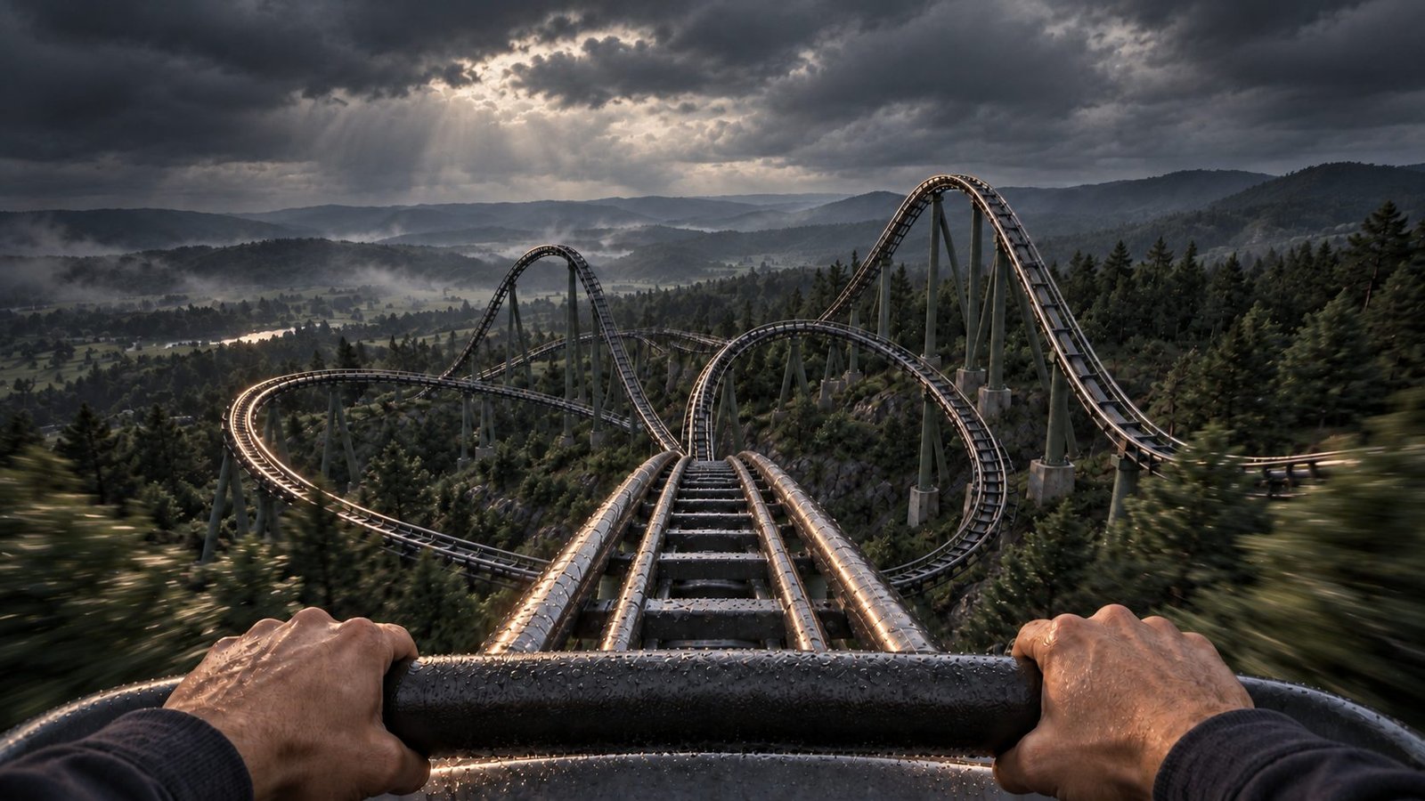 A first-person view from the front of a rollercoaster descending at speed, hands gripping the safety bar, storm clouds ahead.