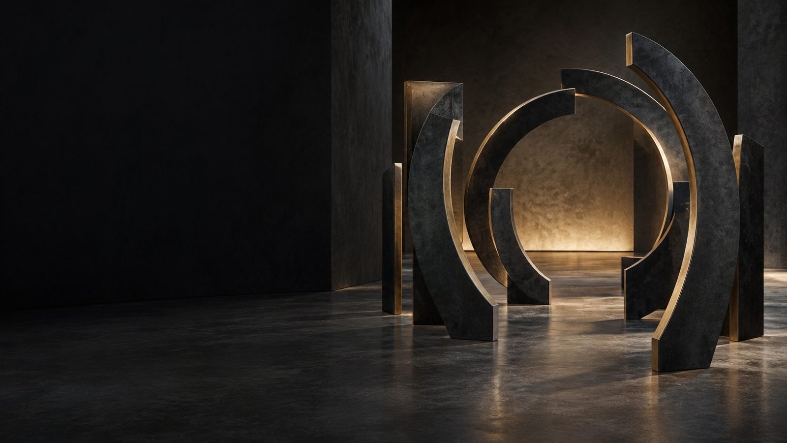 Separate sculptural pieces at different depths that, from the viewer's precise position, align into one clear circular opening.