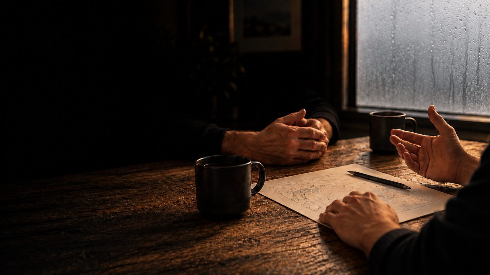 Two people at a table in a private, atmospheric setting, faces in shadow, an unfinished page of pencil notes between them.
